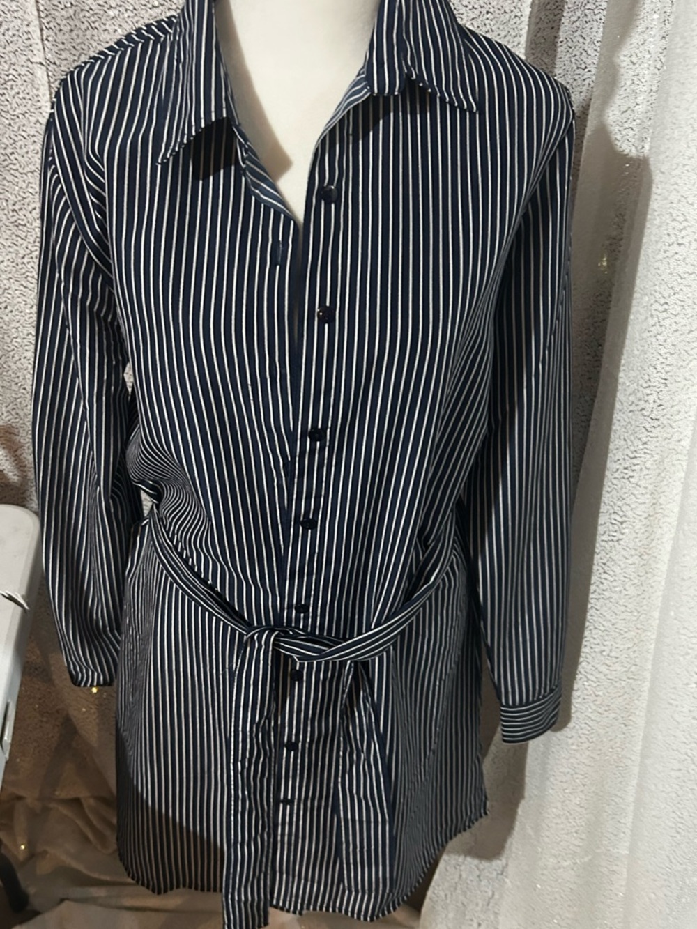 Striped Navy and White Button-Down Shirt dress with Self Tie